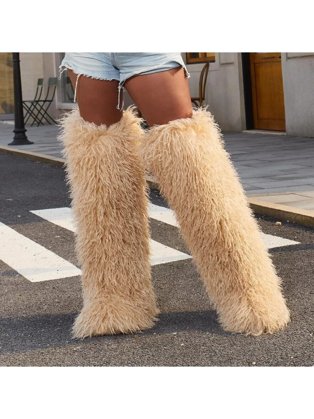 Women's Khaki Shaggy Faux Furry Fuzzy Fluffy Flat Knee-High Slouchy Snow Boot